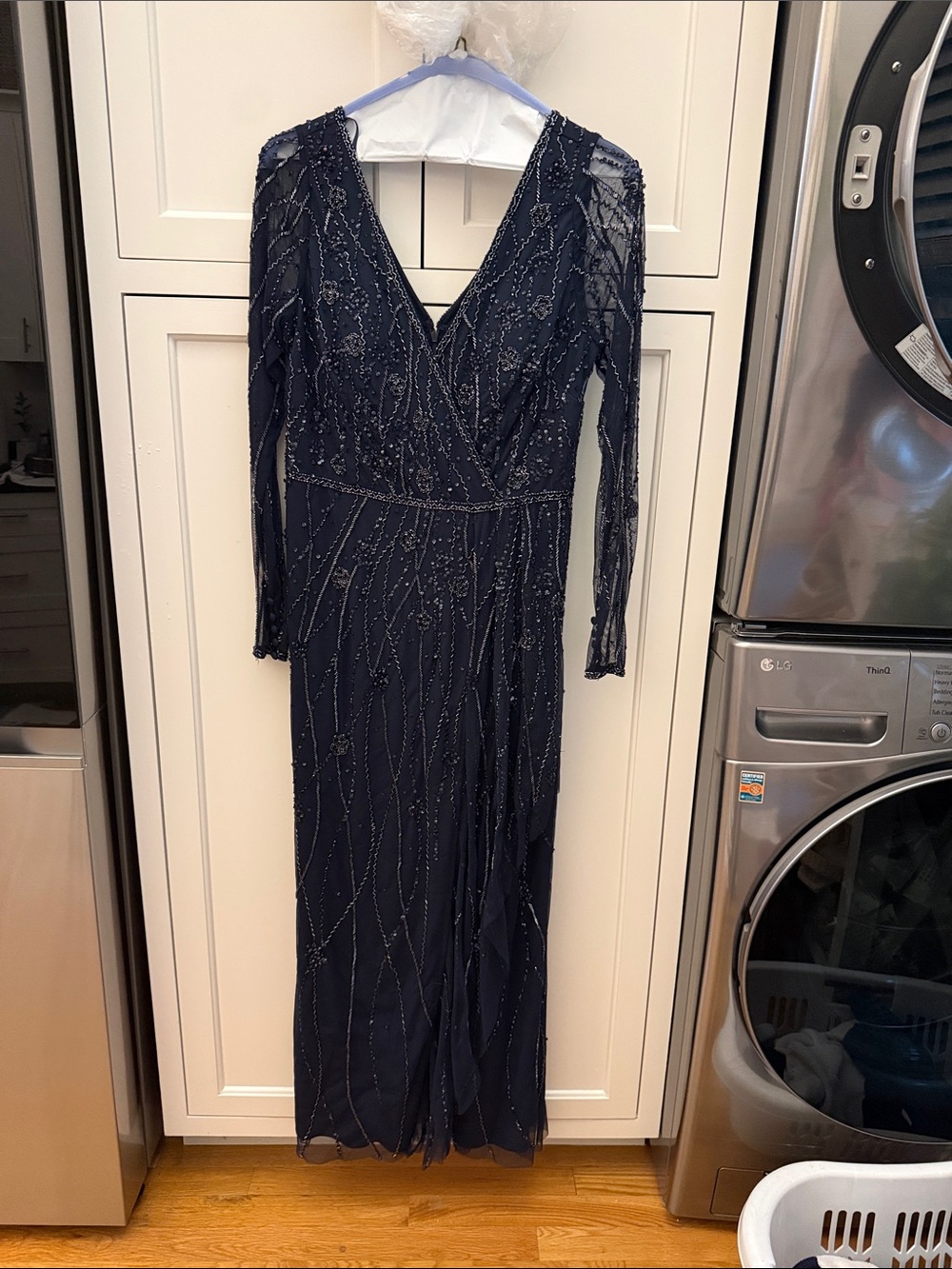 Adrianna Papell Navy Beaded Long Sleeve V-Neck Gown